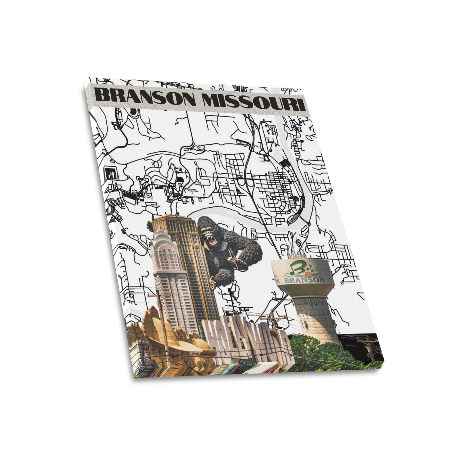 "Branson Modern Grid" – Limited Edition Black & White Map Collage Canvas Print 20"x24"